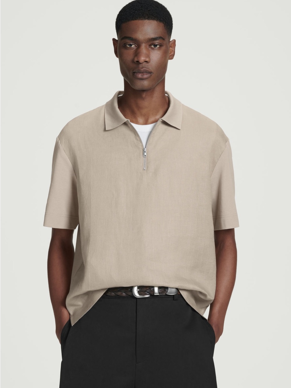COS Men's Short Sleeve Zip Polo Shirt - Beige